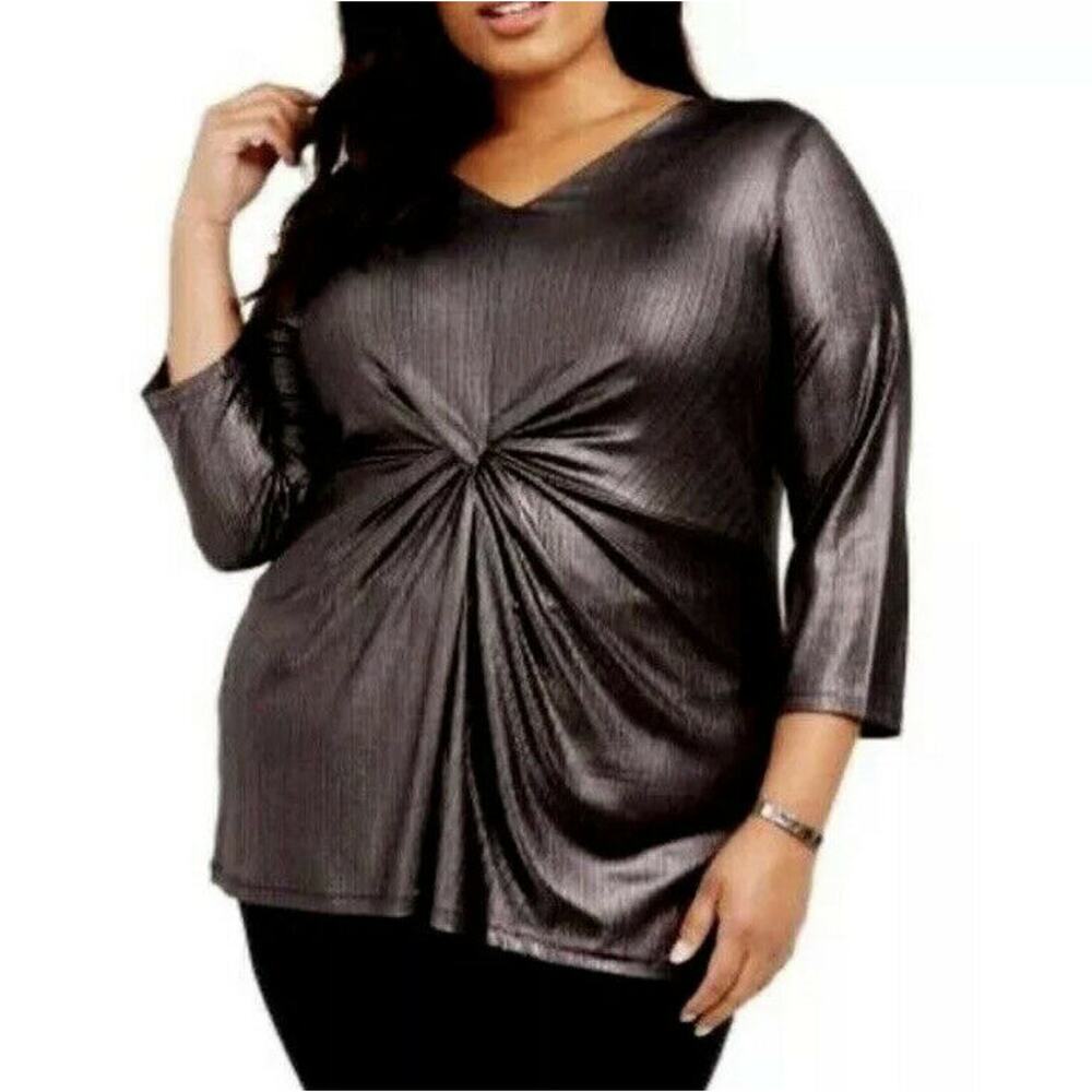 New Alfani Womans 2X Plus Blouse Gunmetal Black Twist Front Shimmer‎ Formal NWT